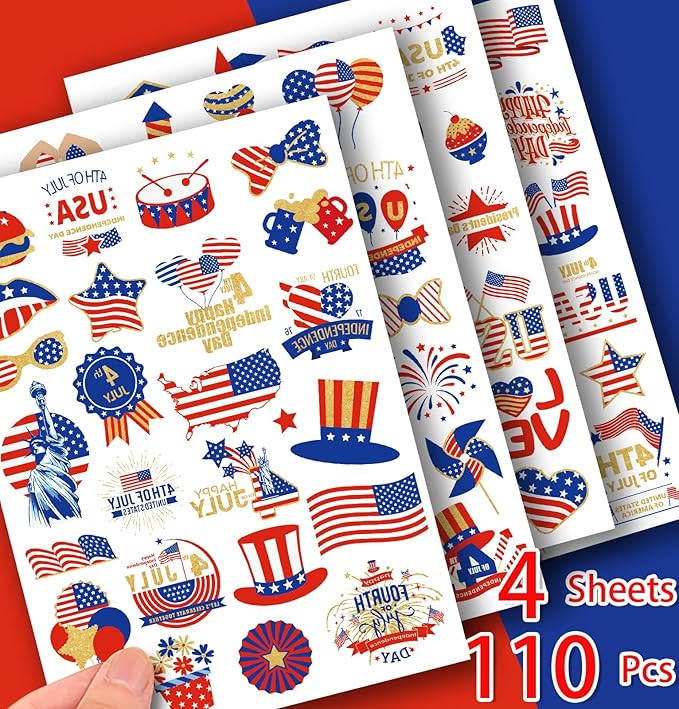 110Pcs 4th of July Temporary Tattoos, 4 Sheets Patriotic Party Face Body Decorations, USA Flag Independence Day 4th of July Temporary Tattoo Stickers for Kids Adults, Fourth of July Temporary Tattoos