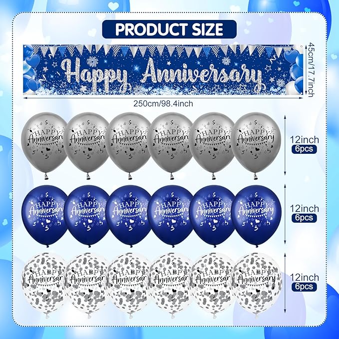 Blue Happy Anniversary Decorations for Men Women, Silver Blue Happy Anniversary Banner and 18pcs Balloons Party Decor for Wedding Anniversary Decorations Kit Supplies