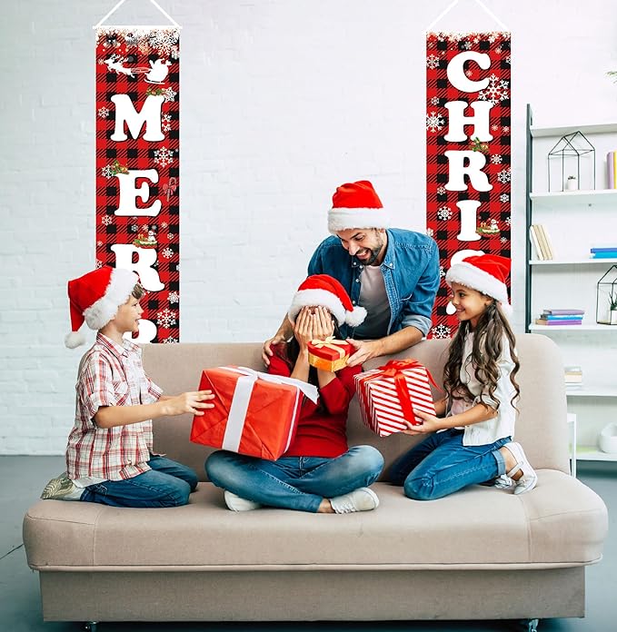 Fecedy MERRY CHRISTMAS Hanging Banner Porch Sign & Christmas Stree Snow Pattern Backdrop for Home Yard Indoor Outdoor Wall Door Party Decorations 72"x12"