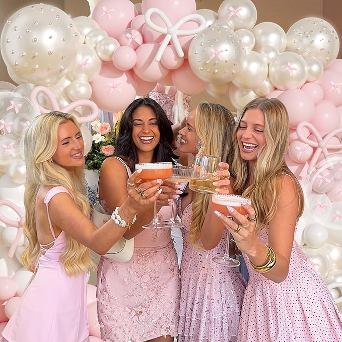 Pink Bow Birthday Decorations,220Pcs Pink Bow Balloon Arch Kit with 260 Clear Double Stuffed Pearl Balloons Ribbon Bow Pearl Stickers for Bow Coquette Birthday Bachelor Bridal Baby Shower Wedding