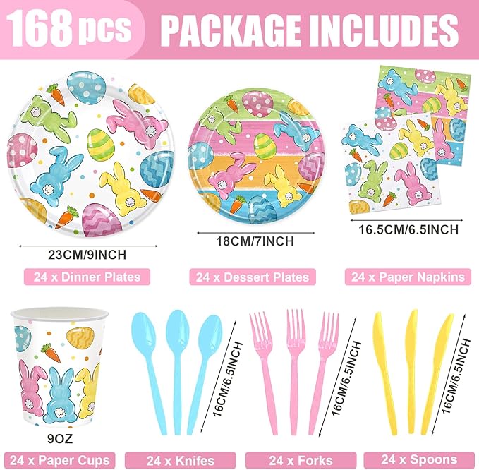 168PCS Easter Party Supplies Watercolor Bunny Carrot Pastel Design Party Decorations Easter Paper Plates Napkins Cups and Forks for Brunch Egg Hunt Spring Holiday Celebrations Serves 24
