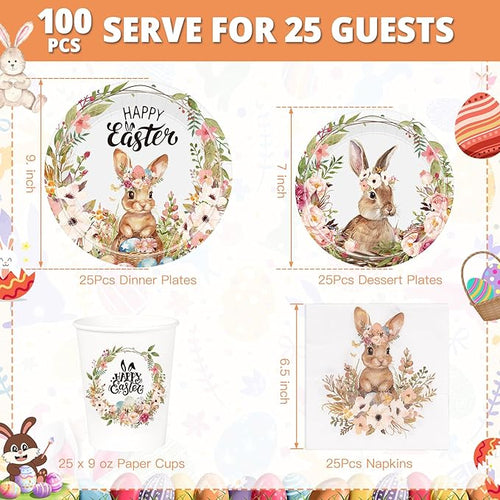 100Pcs Easter Party Decorations, Easter Tableware Set Serve 25 Guests 9" Dinner Plates 7" Dessert Plates 9OZ Paper Cups Napkins, Disposable Dinnerware Set, Paper Plate Bunny Egg Party Supplies