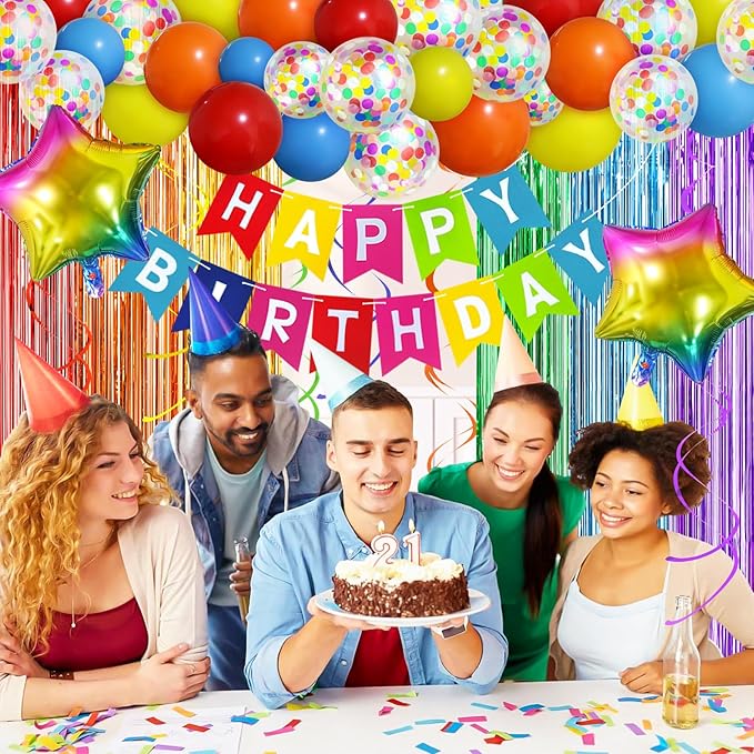 Multicolored Rainbow Birthday Party Decorations Pack with Banner, Balloons, Confetti, Fringe Curtain, Heart Star Foil Balloons, Hanging Swirls