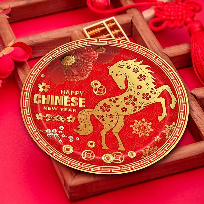 24 Pieces Chinese New Year 2026 Paper Plates – 9 Inch Red and Gold Horse Design Disposable Dinner Plates for Lunar New Year Party, Spring Festival, and Year of the Horse Celebrations