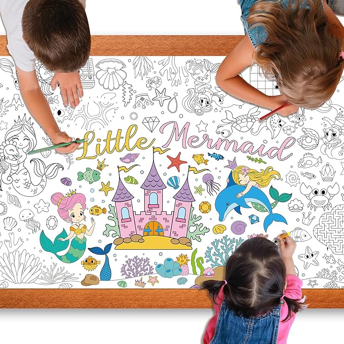 Mermaid Giant Coloring Poster for Kids 30 x 72 Inch, Large Coloring Poster Sheets Tablecloth, Mermaid Themed Color-in Activities Games for Kids School Classroom Home Party Supplies Decorations
