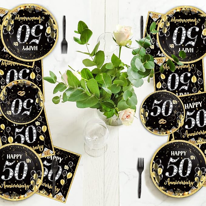 96 Pcs 50th Anniversary Party Paper Plate Napkin Fork Employee Career Wedding 50th Anniversary Gold Black Disposable Paper Dessert Dinner Tableware Fiftieth Anniversary Party Supplies Favors 24 Guests