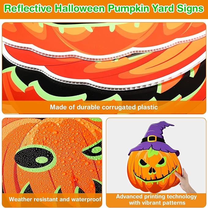 Soaoo 6 Pack 16 Inch Halloween Decoration Outdoor Fluorescence Halloween Pumpkin Yard Signs with Stakes Spooky Faces and Witch's Hat Lawn Signs Scary Front Yard Decor for Holiday Party Decor