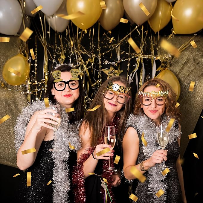 12PCS New Year Glasses, Funny New Years Eve Party Paper Glasses Photo Booth Props 2026 Eyeglasses Frames for NYE Party Supplies Decorations 2026