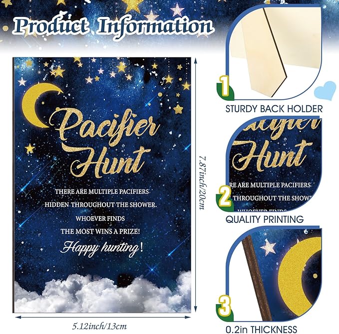 Thyle 51 Pcs Over The Moon Pacifier Hunt Baby Shower Games Include Navy Blue Starry Night Hunt Sign and Acrylic Pacifiers Moon Theme Baby Shower Game Decoration Gift Sets for Gender Reveal Party Decor