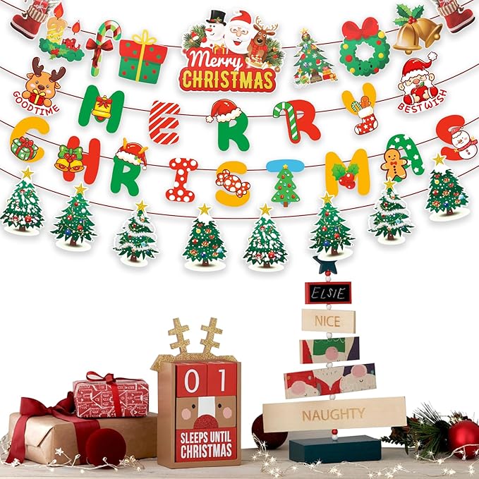 Merry Christmas Banner 3 Set, Hanging Christmas Garland Decorations with Colorful Xmas Tree Banner, Needles and Ribbons for Xmas Party Home Office Decorations Celebration Supplies