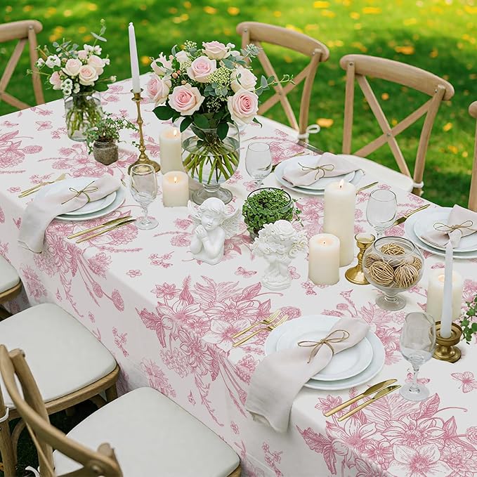 3 Pcs Pink Floral Plastic Tablecloths, 54 X 108Inch Tea Party Tablecloth Disposable Vintage Table Cloth Pink and White Porcelain Tables Decor for Easter Mother's Day Birthday Garden Wedding Tea Party