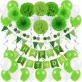 ZERODECO Birthday Party Decoration - Green & White Banner, Fans, Pom Poms, Balloons & More