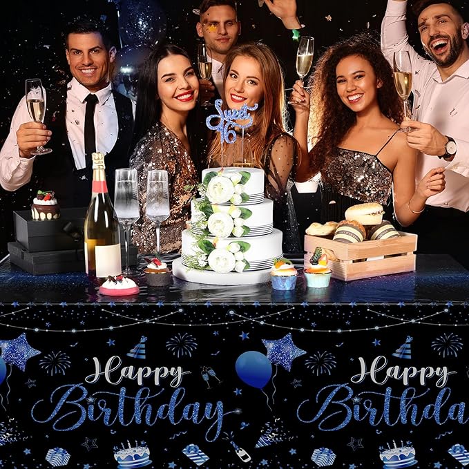 Tudomro 6 Pcs Happy Birthday Tablecloths Happy Birthday Party Decorations Plastic Table Cover Rectangular Cloths for Women Men Baby Shower Party Supplies, 108 x 54 Inch (Black Blue)