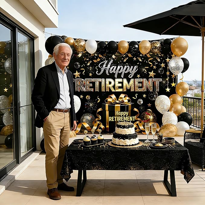 Retirement Party Decorations - Extra Thick Fabric Happy Retirement Backdrop Banner, Large 72x43" Black and Gold Photo Booth Props, Elegant Retire Sign for Men Women Office Outdoor Garden Wall Decor