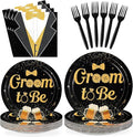 96Pcs Groom to Be Party Supplies Groom Shower Bachelor Plates and Napkins Black Gold Theme Party Disposable Paper Tableware Set for Engagement Wedding Bridal Shower Party Supplies Serves 24
