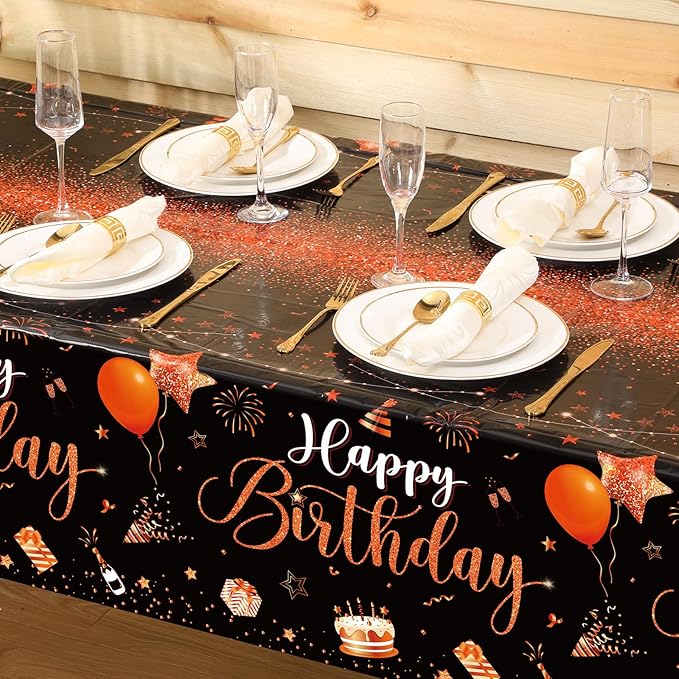Tudomro 3 Pcs Happy Birthday Tablecloths Happy Birthday Party Decorations Plastic Table Cover Rectangular Cloths for Women Men Baby Shower Party Supplies, 108 x 54 Inch (Black Orange)