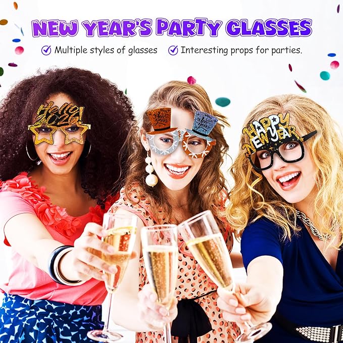 PRETYZOOM 9Pcs 2026 Happy New Year's Eve Eyeglasses: Year of Horse Glasses Nye Party Favor for 2026 Supplies Glitter Holiday Glasses Decorations