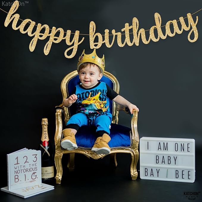 KatchOn, Glitter Cursive Gold Happy Birthday Banner - Pre-Strung, 10 Feet | Birthday Decorations for Women, Men, Boys and Girls | Hbd Banner Backdrop For Birthday Party Decorations | Gold Happy Birthday Sign