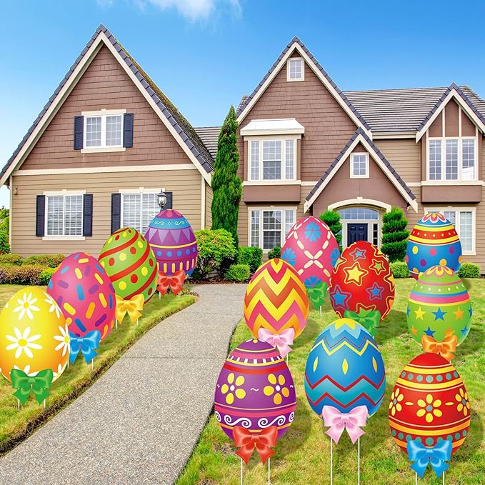Amyhill 12 Pcs Easter Outdoor Yard Decoration Eggs Garden Lawn Stake Signs with Stakes and Bow Waterproof Corrugated Easter Outdoor Decoration for Patio Lawn Walkway Spring Party Decorations, 12 Style