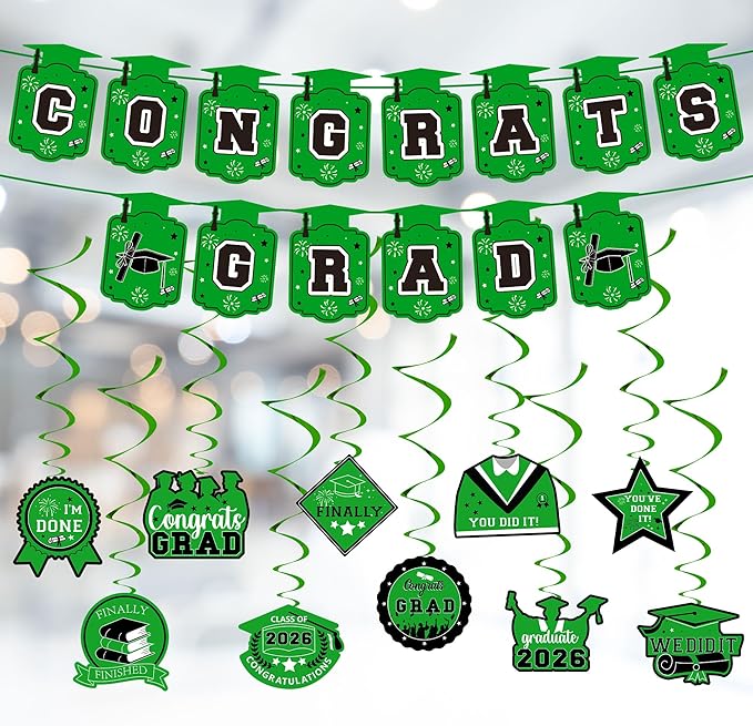 Graduation Decorations 2026, Class of 2026 Backdrop, Banner, 2026 Foil Balloons, Tablecloth, Hanging Swirls, Honeycomb Centerpieces, Party Supplies Decorations Set for College (GREEN)