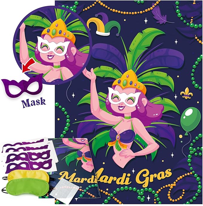 Mardi Gras Pin the Mask On the Dancer Party Game Large Poster with 24 Pcs Stickers Blindfolds Fun Masquerade Activity for Fat Tuesday New Orleans Carnival Birthday Party Decorations Wall Decor