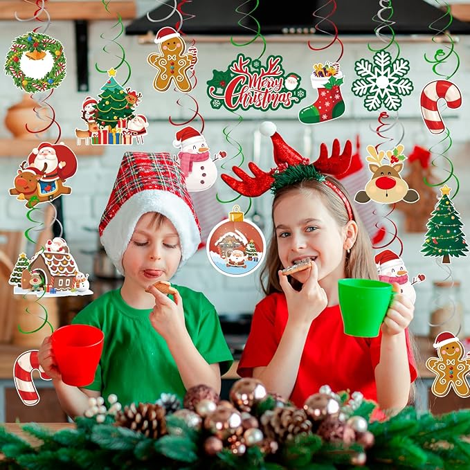 61 Pcs Christmas Hanging Swirls Decorations, Xmas Hanging Decorations Snowman Elk Foil Swirls for Christmas Party Decorations