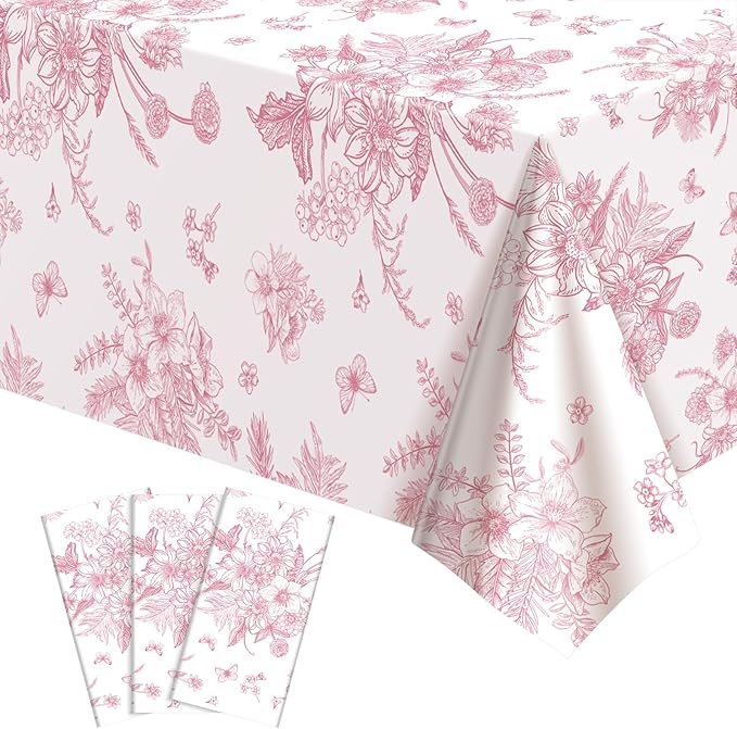 3 Pcs Pink Floral Plastic Tablecloths, 54 X 108Inch Tea Party Tablecloth Disposable Vintage Table Cloth Pink and White Porcelain Tables Decor for Easter Mother's Day Birthday Garden Wedding Tea Party