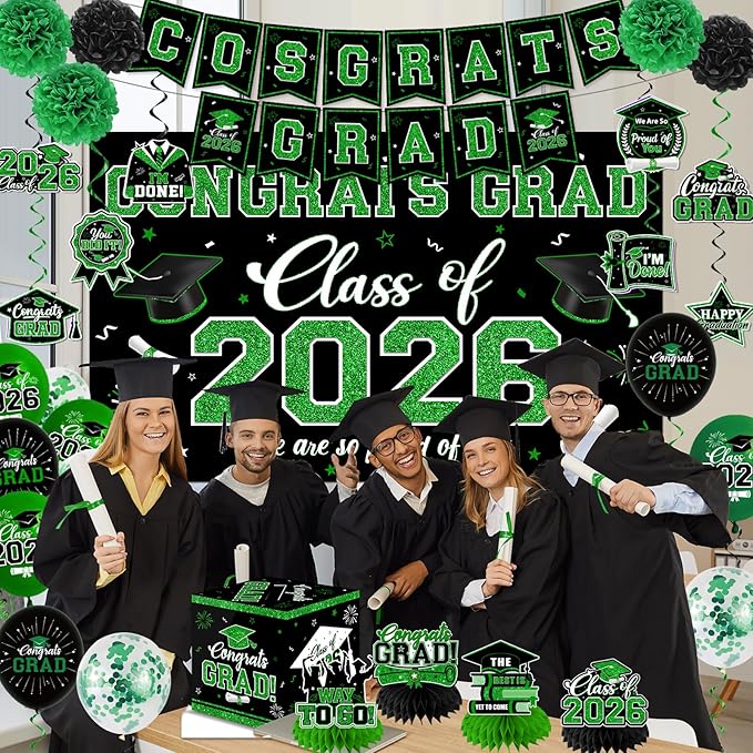 Graduation Decorations Class of 2026,Green Graduation Decorations 2026- Congrats Grad Decorations Banner ＆ Hanging Swirls,Graduation Card Box,Paper Pompoms,Balloons,Porch Sign for College Grad Party