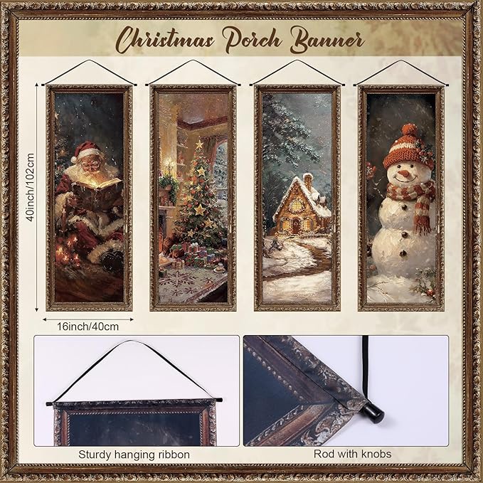 Panelee 4 Pcs Vintage Christmas Porch Banners Retro Snowman Santa Winter Rustic Xmas Tree Stretching Portraits Wall Decorations Christmas Porch Sign Backdrop for Xmas Indoor Outdoor Wall Hanging Decor