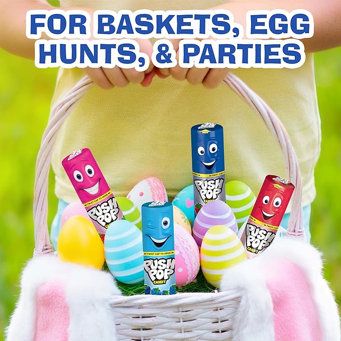 Push Pop Easter Candy Variety Pack, 24Ct Bulk Individually Wrapped Lollipops in Assorted Flavors, Full Size, Fun Hard Candy For Birthday Parties, Easter Basket Stuffers, Egg Fillers, Party Favors