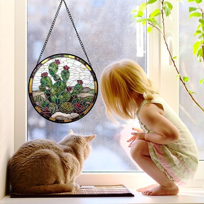 Stained Glass Window Hanging,Green Cactus Purple Flowers Suncatcher Diamond Glass Panel Sun Catchers Decor for Birthday for Women, Men, Wife, Aunt, and Mom 6.3 in