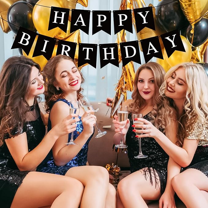 Black Happy Birthday Banner Sign Happy Birthday Bunting Banner Garland for Kids Girl Woman Birthday Tea Party Decorations Bunting Flag Birthday Party Supplies
