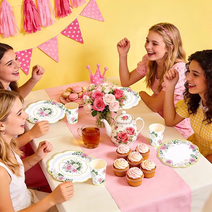 250Pcs Floral Tea Party Supplies Pink Floral Scalloped Plates Napkins Cups Pink Flower Garden Tableware Set for Spring Wedding Bridal Shower Baby Shower Garden Tea Party Decorations Serves 50
