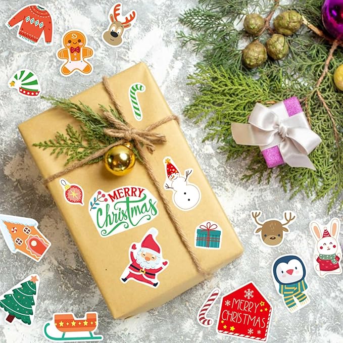 16 Sheets Christmas Theme Stickers, Merry Christmas Stickers Non-Repeating, Xmas Winter Holiday Party Stickers, Christmas Goodie Bag Fillers Christmas Party Favors Decorations
