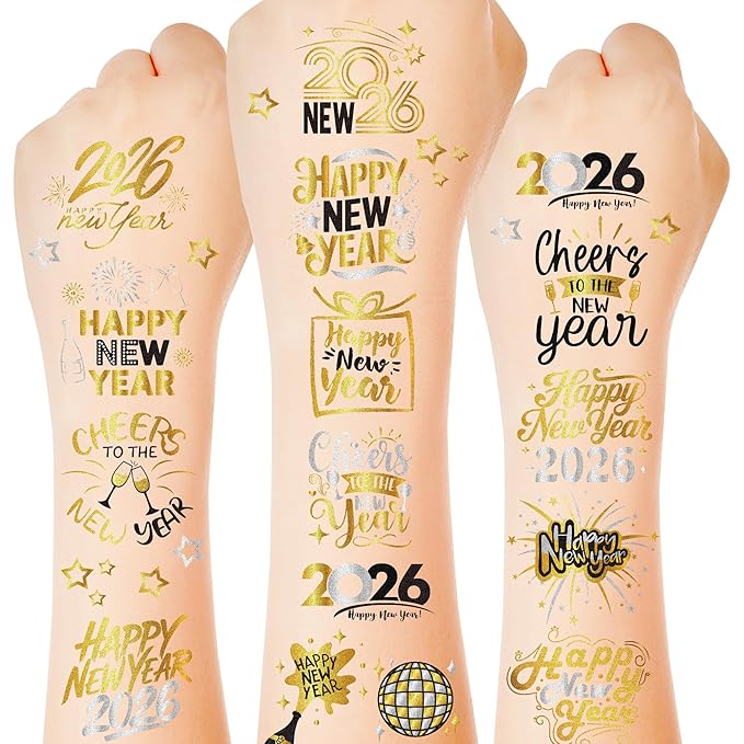 135 Styles New Years Eve Party Supplies, 12 Sheets Glitter New Year Tattoos, 2026 NYE Decorations, Black Gold Silver NYE Party Favors Tattoos Stickers, Holiday Festival Eve Decor