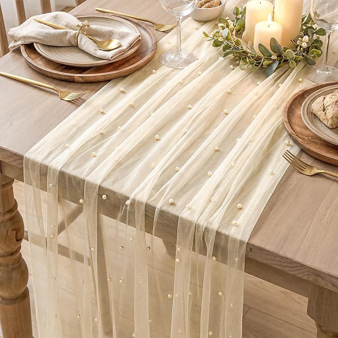 Artoid Mode 3PCS Pearl Champine Gauze Table Runner 120 Inch 10FT, Seasonal Sheer Dining Holiday Wedding Birthday Baby Shower Table Decor for Home Party