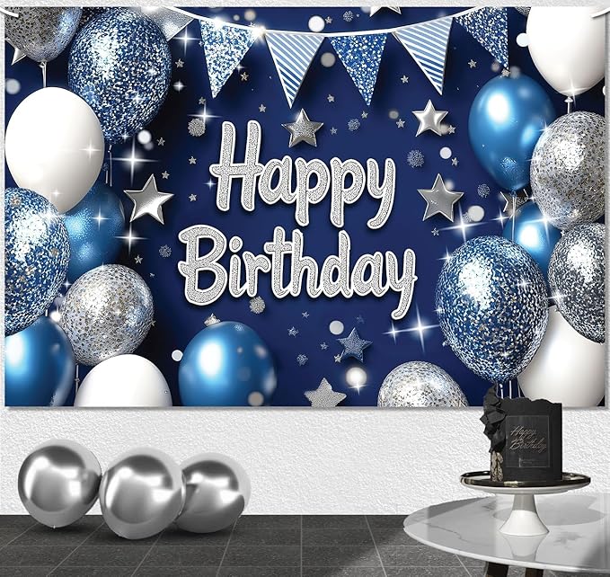 Royal Navy Blue Silver Happy Birthday Banner for Men 7x5ft Happy Birthday Backdrop for Boys Royal Blue Backdrop Birthday Decorations for Men Party Banner Decoraciones De Cumpleaños