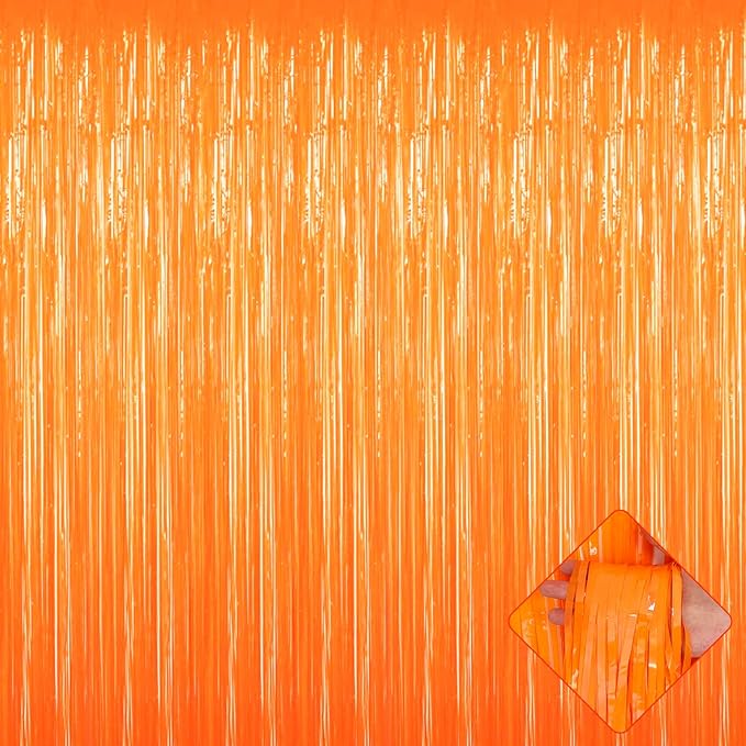 4 Pack Orange Foil Fringe Curtain Backdrop, 3.2Ft x 9.8Ft Metallic Tinsel Foil Fringe Streamers Curtains for Party, Photo Booth Prop, Birthday, Wedding, Mardi Gras Party Decoration