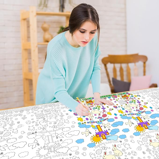 Easter Coloring Tablecloth for Kids,Giant Coloring Poster Table Cover for Home Classroom Coloring Craft Activities Easter Party Decorations Supplies,54x108 Inch