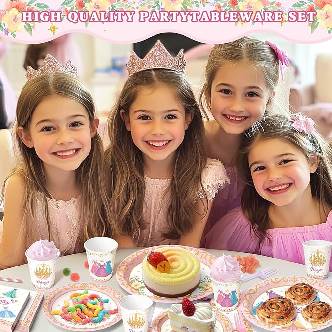 300 Pcs Princess Paper Plates Napkins, Birthday Party Supplies Include Forks Cups Straws, Summer Party Tableware Set for Kids, Serves 50 Guests