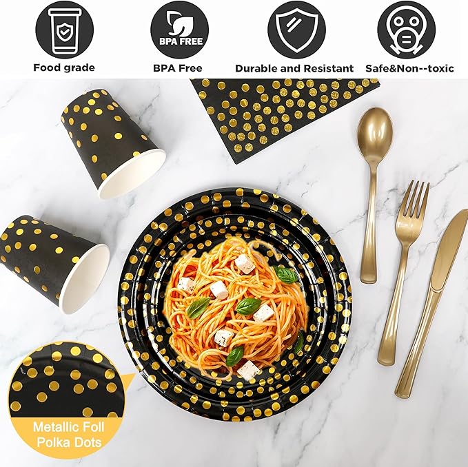 350 Pcs Black and Gold Party Plates Cups and Napkins Sets Black Gold Foil Dot Disposable Dinner Tableware Set With 7" 9" Plates Napkins Cups Knife Fork Spoon Party Supplies Serve 50 Guests