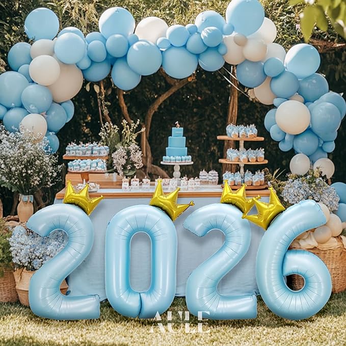 AULE 40 Inch Big Light Blue 5 Balloon Number with Crown Large Foil Helium Number Balloons 0-9 Jumbo Giant Happy 5th Birthday Party Decorations Huge Mylar Anniversary Party Supplies