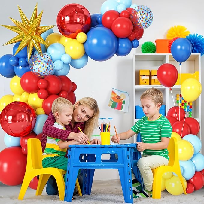 Red Blue Yellow Balloon Arch Garland Kit with Gold Star Foil Balloons Red 4D Round Ball Balloons for Birthday Party Carnival Circus Theme Decorations