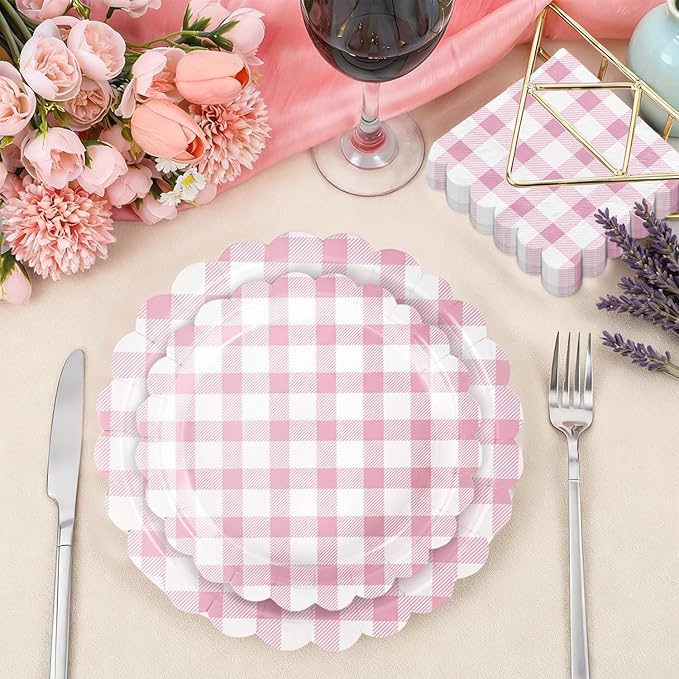175 PCS Pink Gingham Party Supplies Includes Pink Gingham Paper Plates, Cups, Napkins, Cutlery for Baby & Bridal Shower, Wedding, Birthday Party, Outdoor Picnic, Serves 25