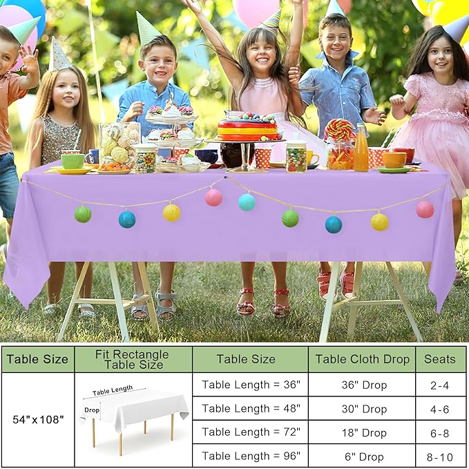 misaya 6 Packs Disposable Plastic Table Cloth, 54 x 108 Inch Waterproof Rectangle Tablecloth, Leakproof & Sturdy Decorative Table Covers for Easter, Picnic, Party and Outdoor, Lavender