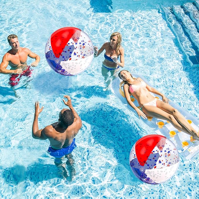 TURNMEON 6 Pack 20 Inch Patriotic Inflatable Beach Balls Bulk, 4th of July Confetti Red White and Blue Large Beach Ball for Kids Adults Beach & Summer Pool Party Decorations,Outdoor Pool Toys Game