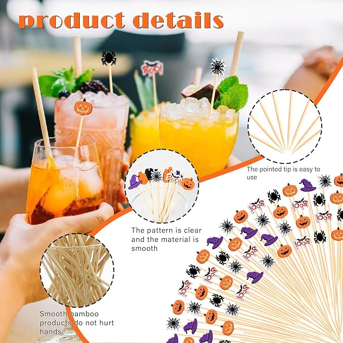 100pcs 5" Halloween Cocktail Picks Ghost Pumpkin Spider Boo Bat Theme Decor Toothpicks Skewers Sticks Sandwich Appetizer Charcuterie Board Accessories Food Garnish, Halloween Themed Party Decorations