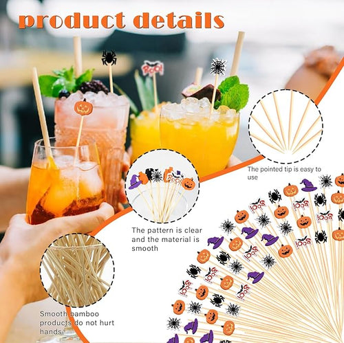 100pcs 5" Halloween Cocktail Picks Ghost Pumpkin Spider Boo Bat Theme Decor Toothpicks Skewers Sticks Sandwich Appetizer Charcuterie Board Accessories Food Garnish, Halloween Themed Party Decorations