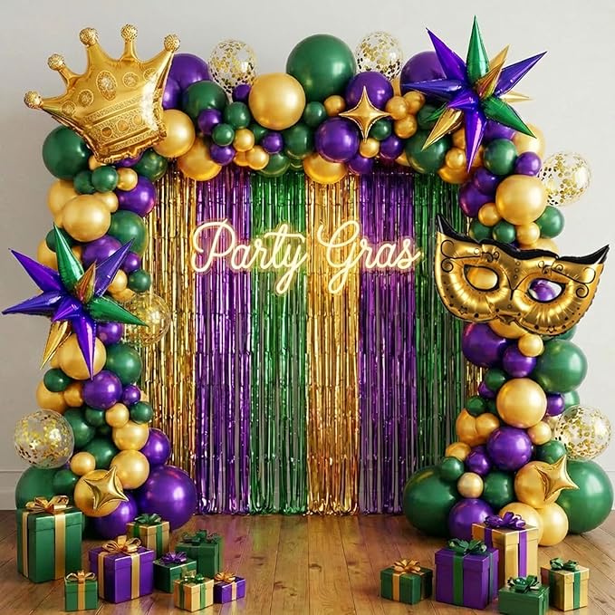 Mardi balloon garland arch kit 130pcs Purple green gold with golden confetti balloons Mylar star Crown and Crown Mask Balloons for Gorgeous Funny Grand Fat Tuesday Party decorations