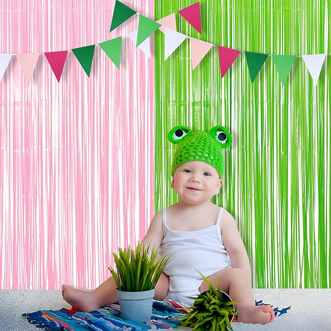 BRAVESHINE Party Streamers Backdrop - 2 Pack 3.2ft X 8.2ft Tinsel Foil Fringe Curtains for Margarita/Witch/Luau/Princess/Fairy/Girl/Birthday/Wizard/Photo Booths/Pink and Green Party Decorations